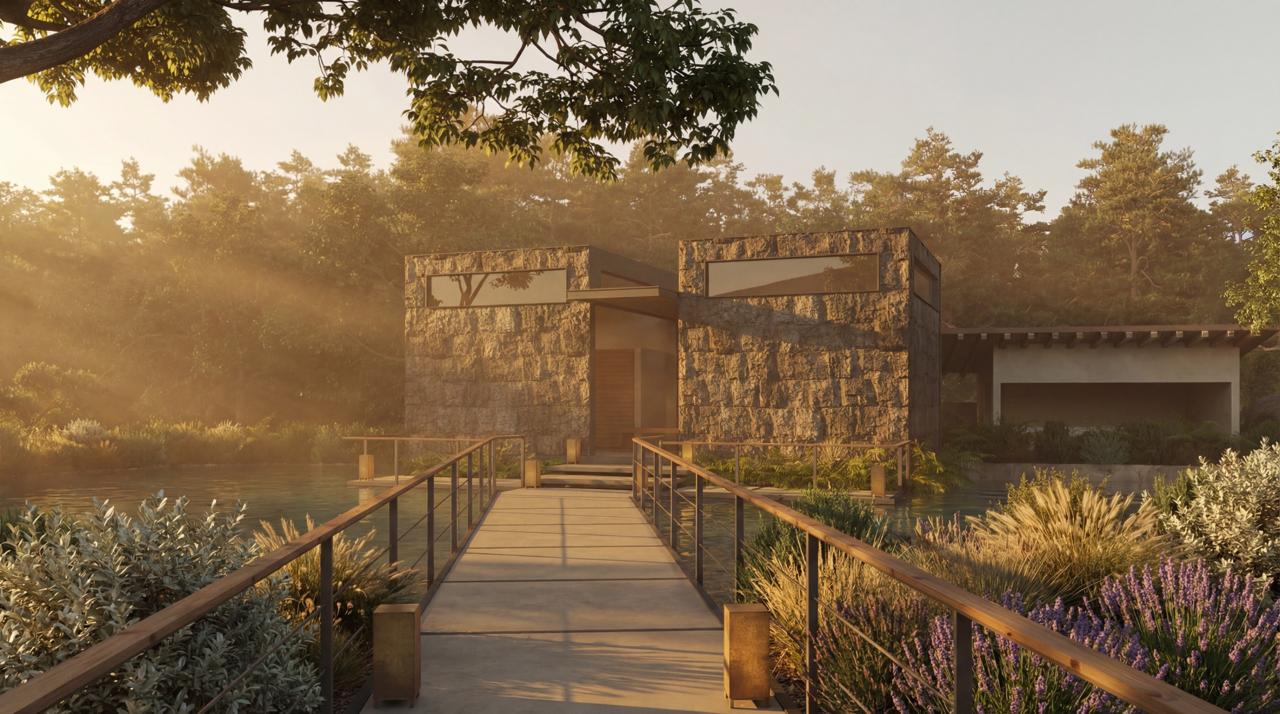 Arquitectura moderna integrada con la naturaleza del jardín